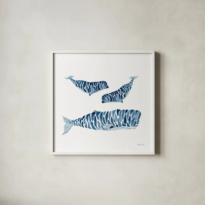 Three Whales by Yvette St. Amant. Shown in a crisp white glass frame for a clean and minimalist style. Available as an archival giclee rolled canvas, fine art paper, or poster print. SKU 90118a.