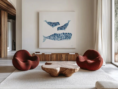 Three Whales by Yvette St. Amant. Shown as extra-large giant wall art in a modern living room. Available as an archival giclee rolled canvas, fine art paper, or poster print. SKU 90118a.