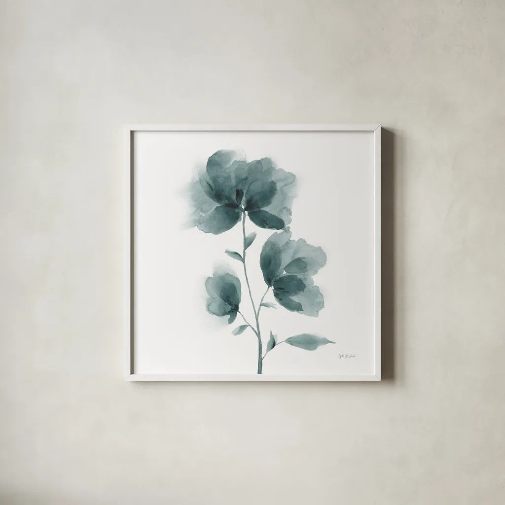 Tranquil Blossom I by Yvette St. Amant. Shown in a crisp white glass frame for a clean and minimalist style. Available as an archival giclee rolled canvas, fine art paper, or poster print. SKU 88195a.