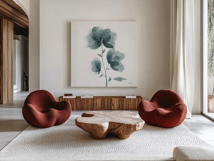 Tranquil Blossom I by Yvette St. Amant. Shown as extra-large giant wall art in a modern living room. Available as an archival giclee rolled canvas, fine art paper, or poster print. SKU 88195a.