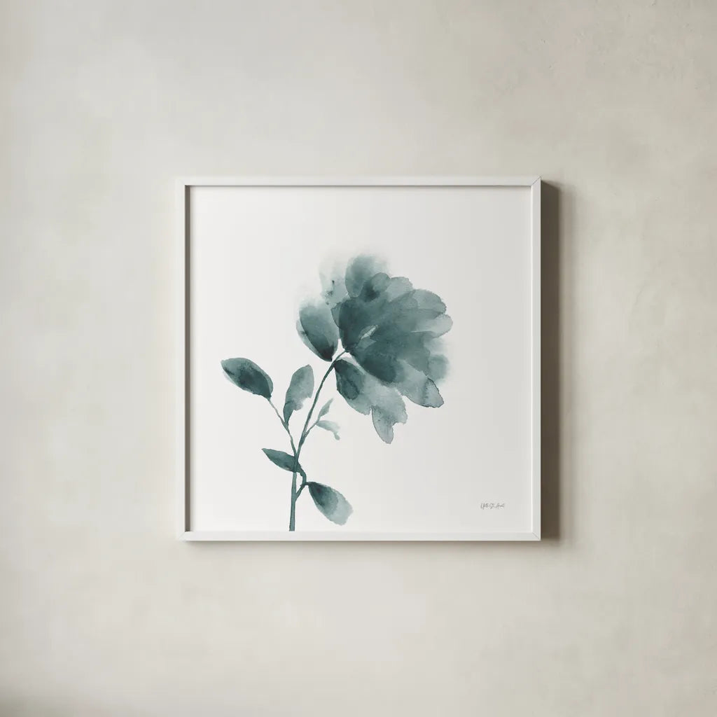 Tranquil Blossom II by Yvette St. Amant. Shown in a crisp white glass frame for a clean and minimalist style. Available as an archival giclee rolled canvas, fine art paper, or poster print. SKU 88196a.