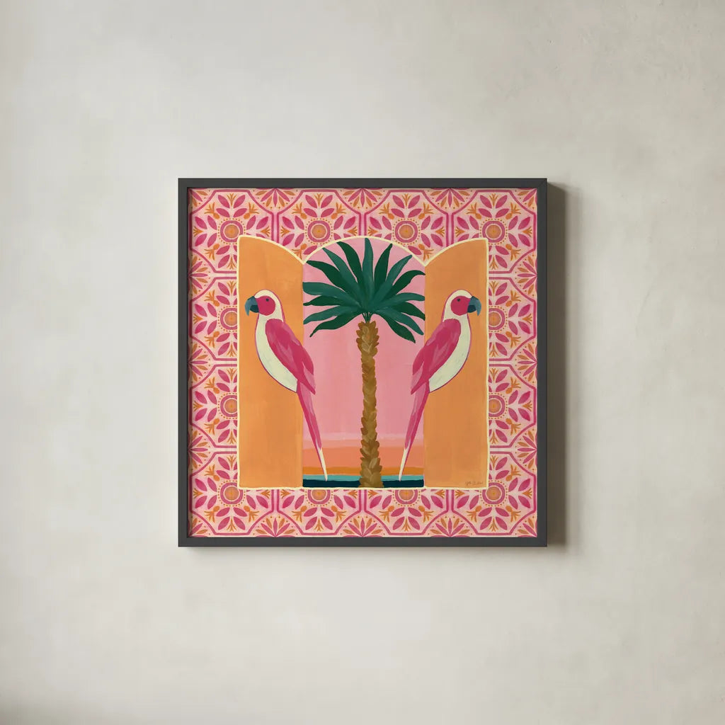 Tropical Birds I by Yvette St. Amant. Shown in a sleek black glass frame for a contemporary gallery look. Available as an archival giclee rolled canvas, fine art paper, or poster print. SKU 98387a.