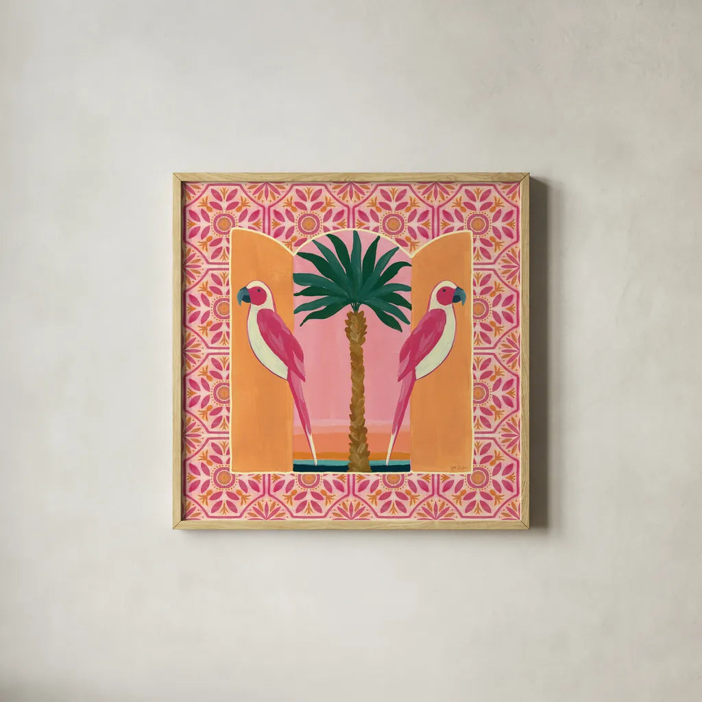 Tropical Birds I by Yvette St. Amant. Shown in a natural wood glass frame for a timeless modern aesthetic. Available as an archival giclee rolled canvas, fine art paper, or poster print. SKU 98387a.