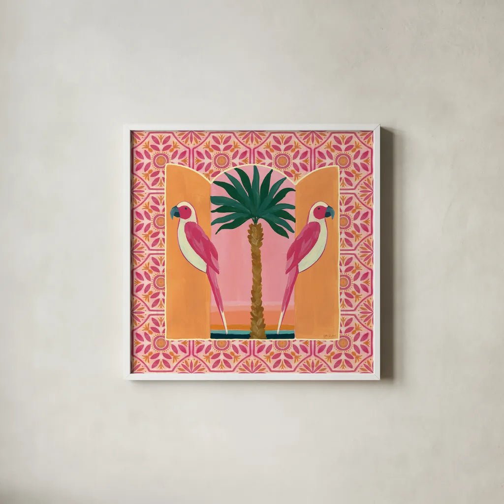 Tropical Birds I by Yvette St. Amant. Shown in a crisp white glass frame for a clean and minimalist style. Available as an archival giclee rolled canvas, fine art paper, or poster print. SKU 98387a.