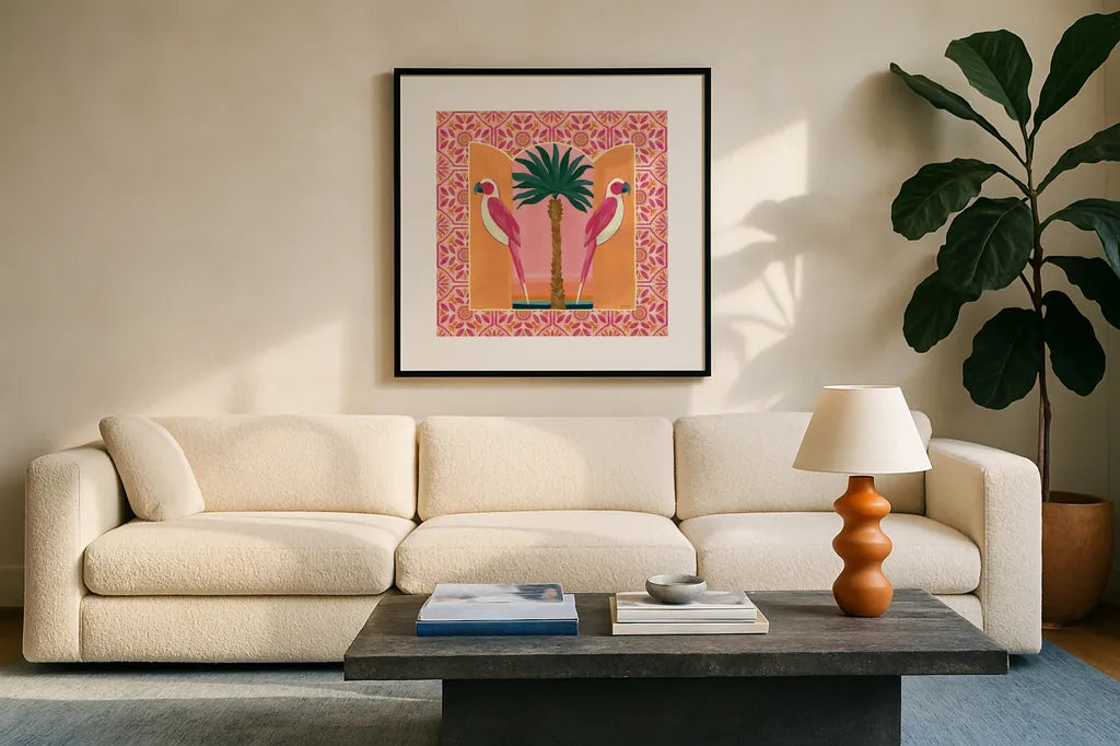 Tropical Birds I by Yvette St. Amant. Displayed in a glass frame with matte in a clean modern living room. Available as an archival giclee rolled canvas, fine art paper, or poster print. SKU 98387a.