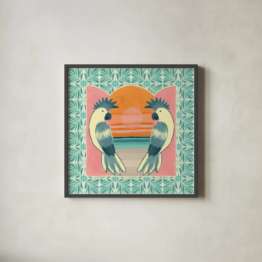 Tropical Birds II by Yvette St. Amant. Shown in a sleek black glass frame for a contemporary gallery look. Available as an archival giclee rolled canvas, fine art paper, or poster print. SKU 98388a.