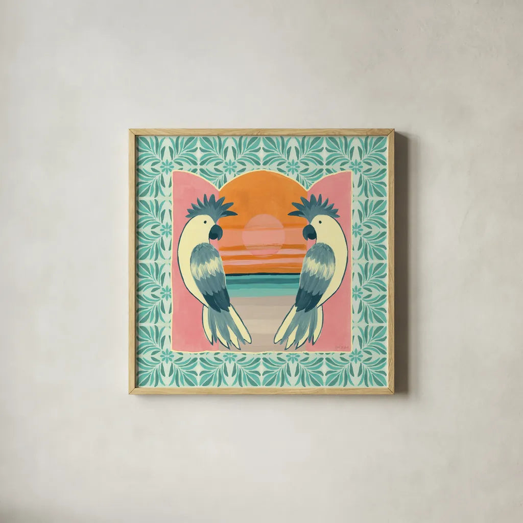 Tropical Birds II by Yvette St. Amant. Shown in a natural wood glass frame for a timeless modern aesthetic. Available as an archival giclee rolled canvas, fine art paper, or poster print. SKU 98388a.