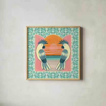 Tropical Birds II by Yvette St. Amant. Shown in a natural wood glass frame for a timeless modern aesthetic. Available as an archival giclee rolled canvas, fine art paper, or poster print. SKU 98388a.