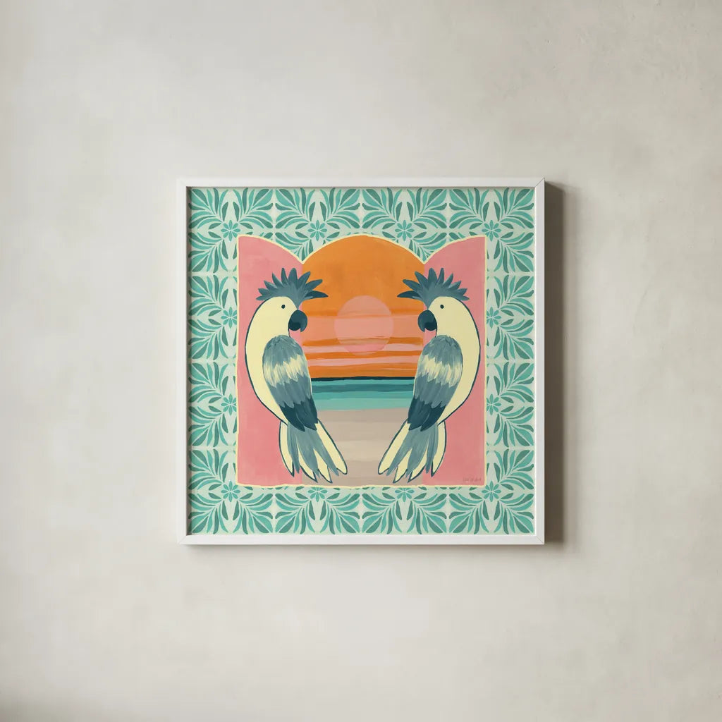 Tropical Birds II by Yvette St. Amant. Shown in a crisp white glass frame for a clean and minimalist style. Available as an archival giclee rolled canvas, fine art paper, or poster print. SKU 98388a.