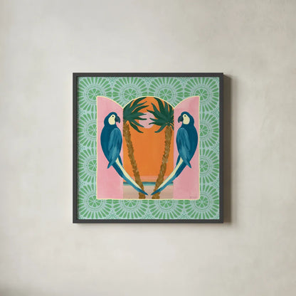 Tropical Birds III by Yvette St. Amant. Shown in a sleek black glass frame for a contemporary gallery look. Available as an archival giclee rolled canvas, fine art paper, or poster print. SKU 98389a.