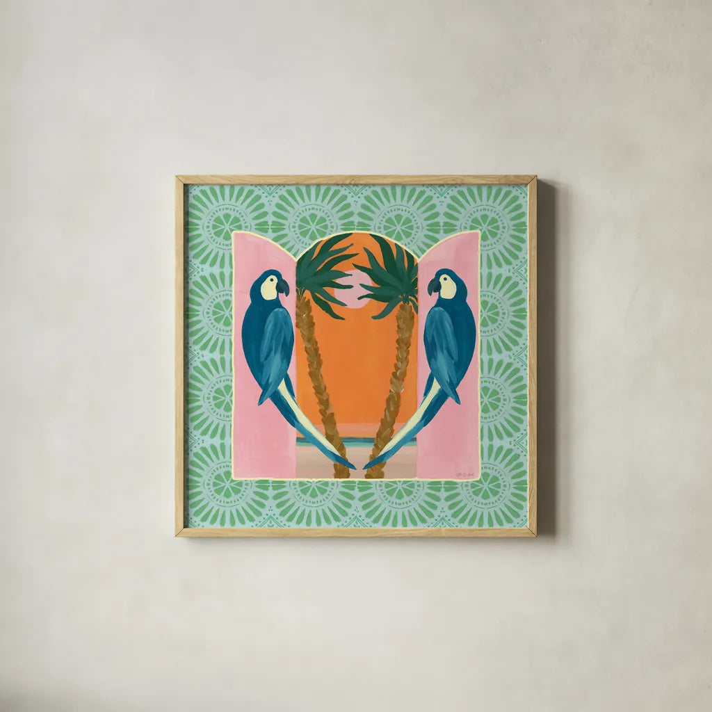 Tropical Birds III by Yvette St. Amant. Shown in a natural wood glass frame for a timeless modern aesthetic. Available as an archival giclee rolled canvas, fine art paper, or poster print. SKU 98389a.