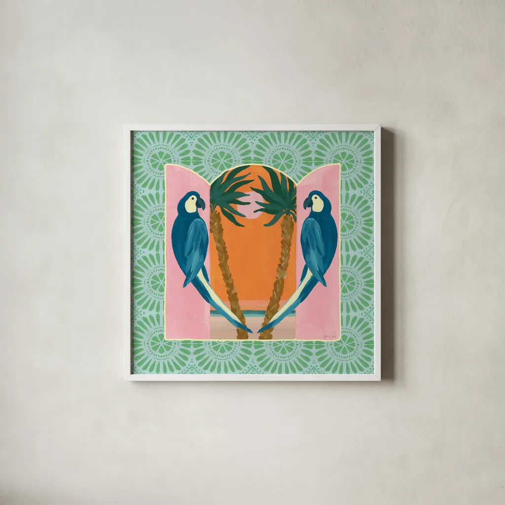 Tropical Birds III by Yvette St. Amant. Shown in a crisp white glass frame for a clean and minimalist style. Available as an archival giclee rolled canvas, fine art paper, or poster print. SKU 98389a.