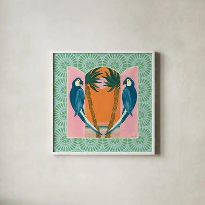 Tropical Birds III by Yvette St. Amant. Shown in a crisp white glass frame for a clean and minimalist style. Available as an archival giclee rolled canvas, fine art paper, or poster print. SKU 98389a.
