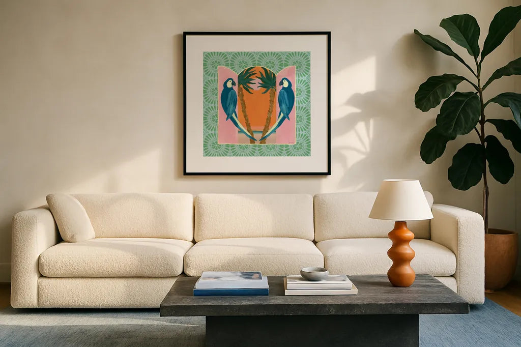 Tropical Birds III by Yvette St. Amant. Displayed in a glass frame with matte in a clean modern living room. Available as an archival giclee rolled canvas, fine art paper, or poster print. SKU 98389a.