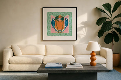 Tropical Birds III by Yvette St. Amant. Displayed in a glass frame with matte in a clean modern living room. Available as an archival giclee rolled canvas, fine art paper, or poster print. SKU 98389a.