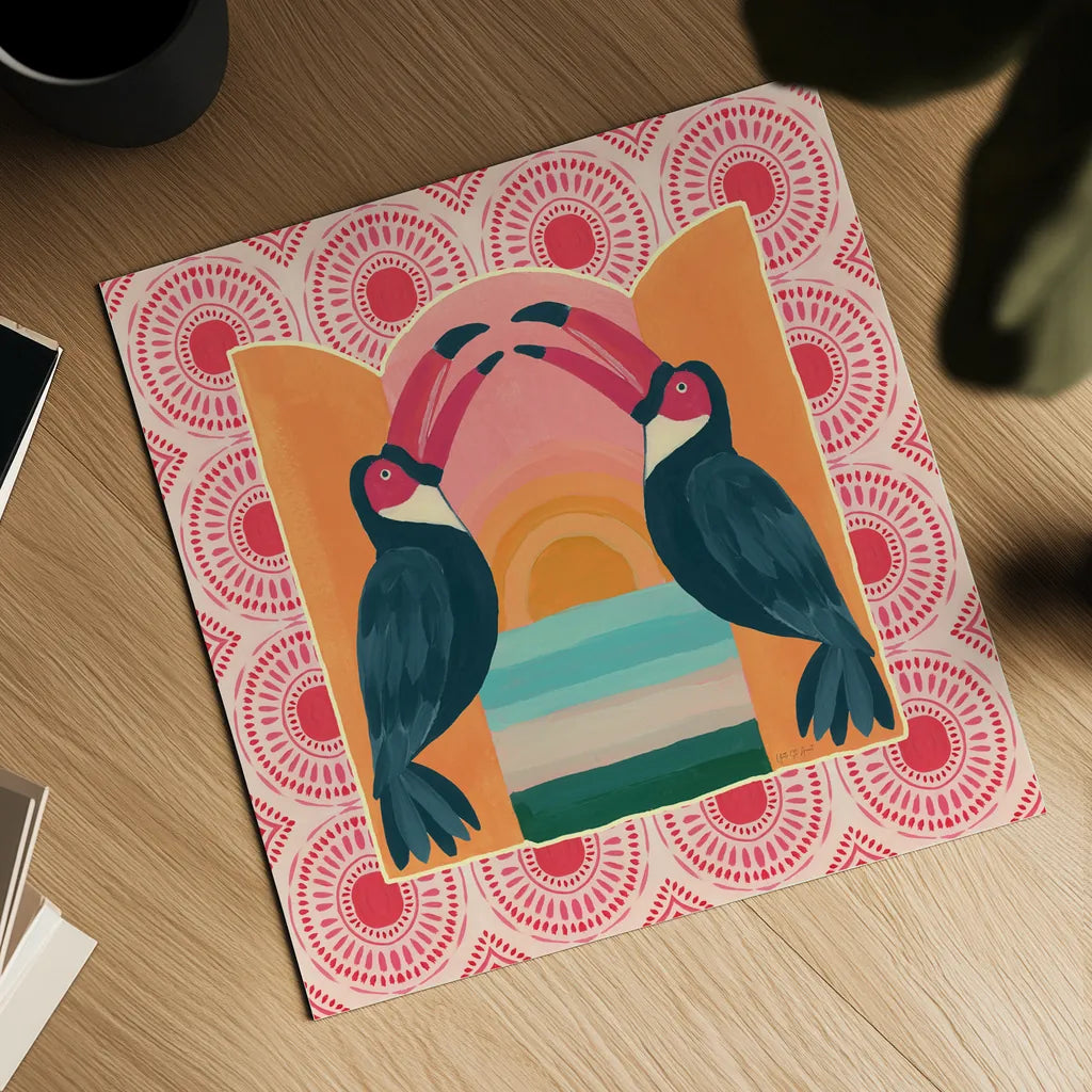 Tropical Birds IV by Yvette St. Amant. Shown as a detailed flat fine art print, highlighting archival giclee quality. Available as an archival giclee rolled canvas, fine art paper, or poster print. SKU 98390a.