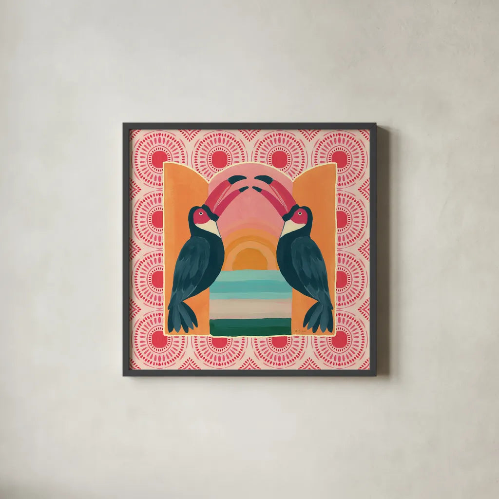 Tropical Birds IV by Yvette St. Amant. Shown in a sleek black glass frame for a contemporary gallery look. Available as an archival giclee rolled canvas, fine art paper, or poster print. SKU 98390a.