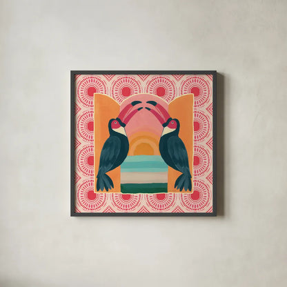 Tropical Birds IV by Yvette St. Amant. Shown in a sleek black glass frame for a contemporary gallery look. Available as an archival giclee rolled canvas, fine art paper, or poster print. SKU 98390a.