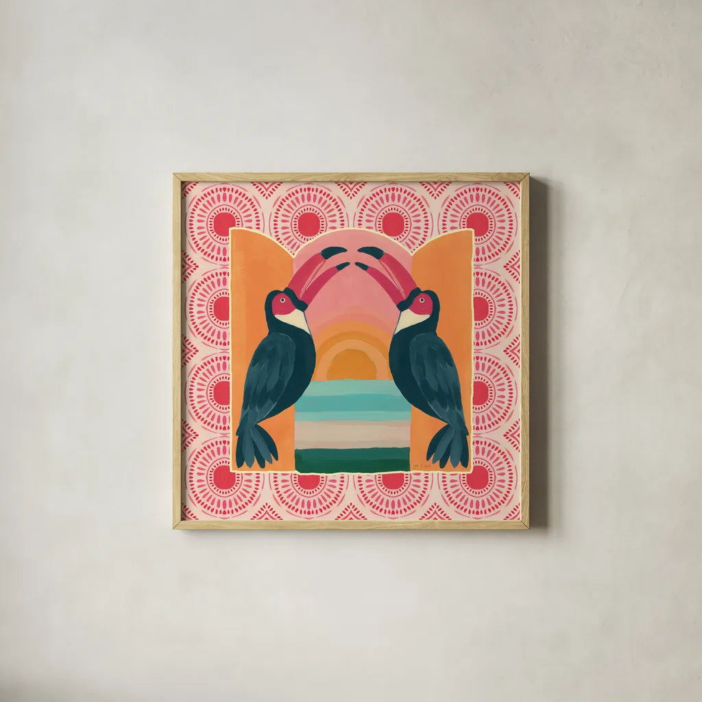 Tropical Birds IV by Yvette St. Amant. Shown in a natural wood glass frame for a timeless modern aesthetic. Available as an archival giclee rolled canvas, fine art paper, or poster print. SKU 98390a.