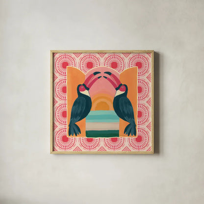 Tropical Birds IV by Yvette St. Amant. Shown in a natural wood glass frame for a timeless modern aesthetic. Available as an archival giclee rolled canvas, fine art paper, or poster print. SKU 98390a.