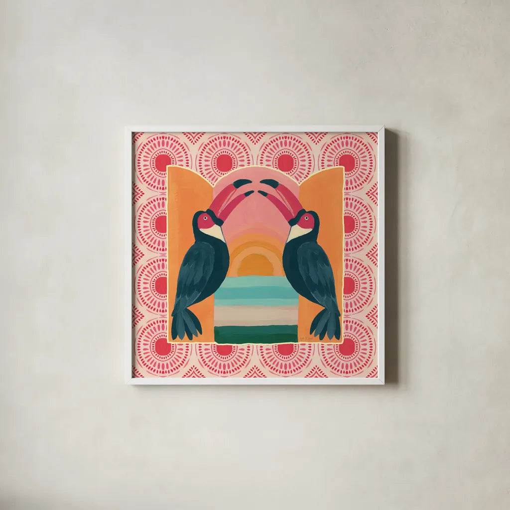 Tropical Birds IV by Yvette St. Amant. Shown in a crisp white glass frame for a clean and minimalist style. Available as an archival giclee rolled canvas, fine art paper, or poster print. SKU 98390a.