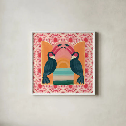 Tropical Birds IV by Yvette St. Amant. Shown in a crisp white glass frame for a clean and minimalist style. Available as an archival giclee rolled canvas, fine art paper, or poster print. SKU 98390a.