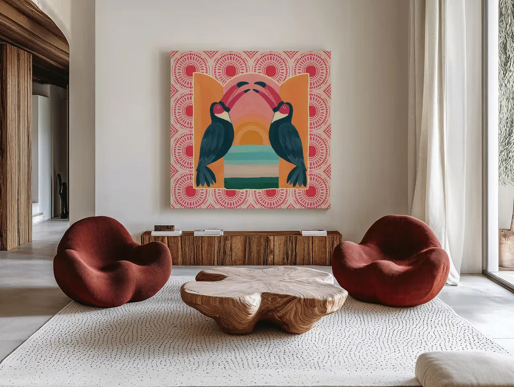 Tropical Birds IV by Yvette St. Amant. Shown as extra-large giant wall art in a modern living room. Available as an archival giclee rolled canvas, fine art paper, or poster print. SKU 98390a.