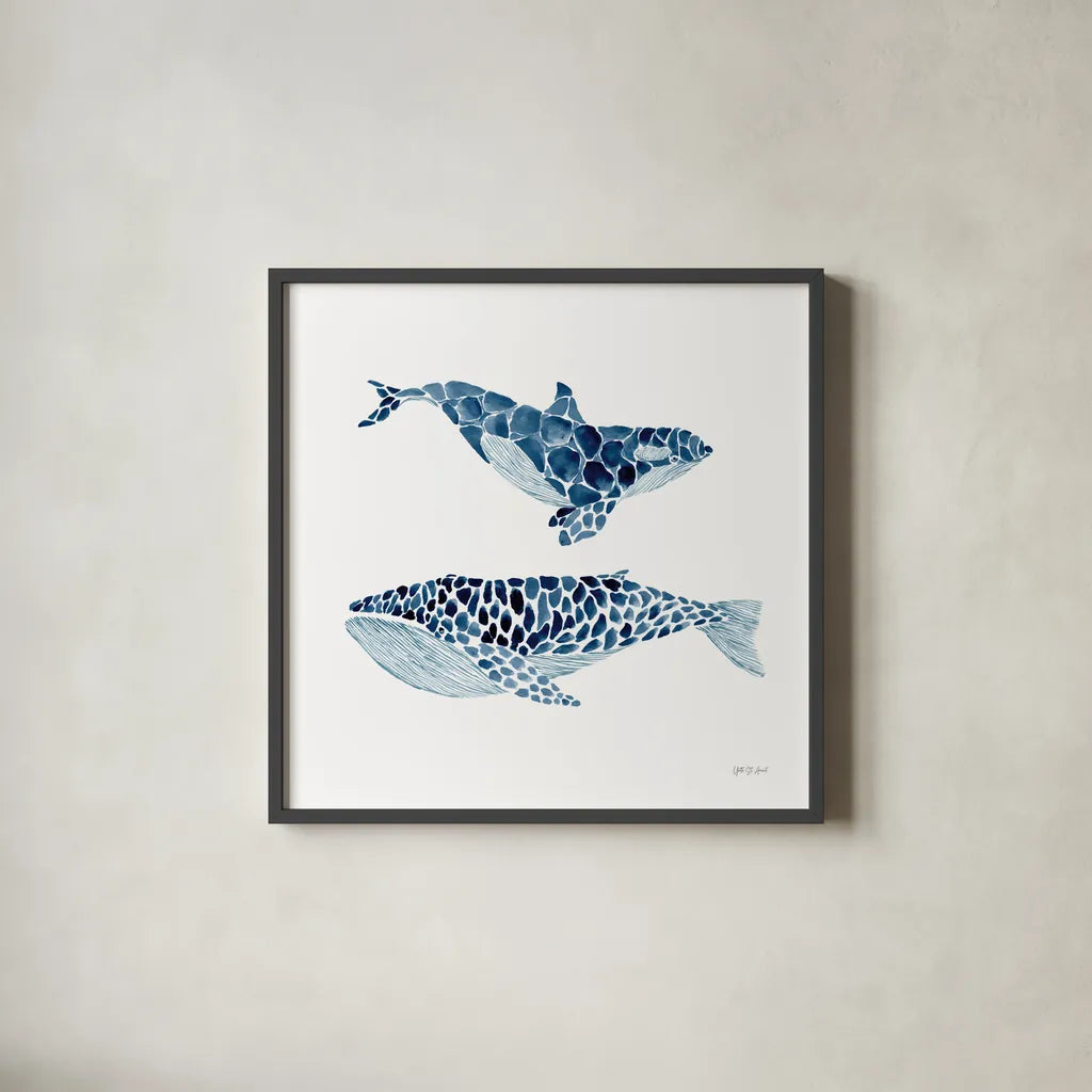 Two Whales by Yvette St. Amant. Shown in a sleek black glass frame for a contemporary gallery look. Available as an archival giclee rolled canvas, fine art paper, or poster print. SKU 90119a.