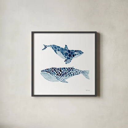 Two Whales by Yvette St. Amant. Shown in a sleek black glass frame for a contemporary gallery look. Available as an archival giclee rolled canvas, fine art paper, or poster print. SKU 90119a.