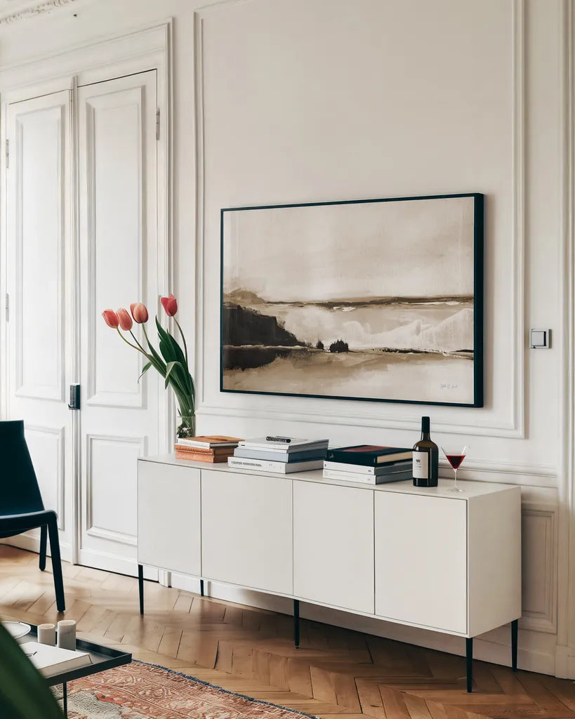 Vintage Landscape Mountainside by Yvette St. Amant. shown as a framed stretched canvas in a living room above a console. Available as a archival giclee rolled canvas, fine art paper, or poster print. SKU 88198i.