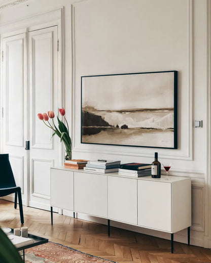 Vintage Landscape Mountainside by Yvette St. Amant. shown as a framed stretched canvas in a living room above a console. Available as a archival giclee rolled canvas, fine art paper, or poster print. SKU 88198i.