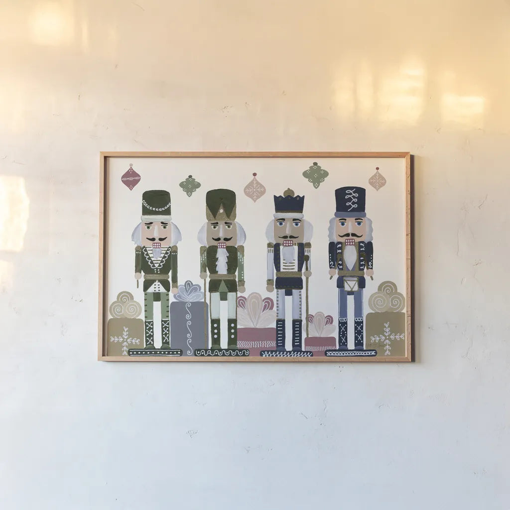 Vintage Nutcrackers I by Yvette St. Amant. shown as a paper print in a natural frame. Available as a archival giclee rolled canvas, fine art paper, or poster print. SKU 94711i.