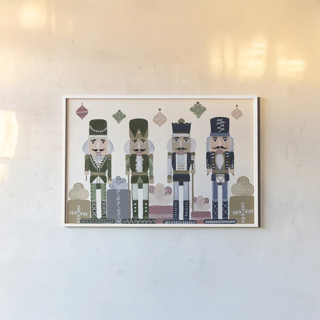 Vintage Nutcrackers I by Yvette St. Amant. shown as a paper print in a white frame. Available as a archival giclee rolled canvas, fine art paper, or poster print. SKU 94711i.
