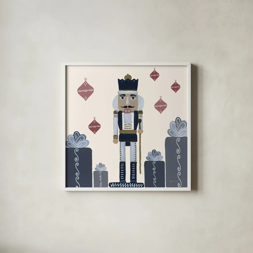 Vintage Nutcrackers II by Yvette St. Amant. Shown in a crisp white glass frame for a clean and minimalist style. Available as an archival giclee rolled canvas, fine art paper, or poster print. SKU 94712a.
