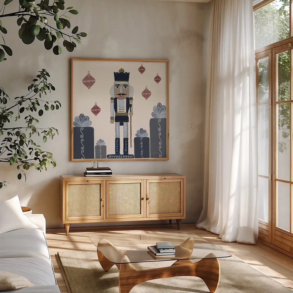 Vintage Nutcrackers II by Yvette St. Amant. Shown in a natural wood frame in a cozy modern living room. Available as an archival giclee rolled canvas, fine art paper, or poster print. SKU 94712a.