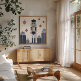 Vintage Nutcrackers II by Yvette St. Amant. Shown in a natural wood frame in a cozy modern living room. Available as an archival giclee rolled canvas, fine art paper, or poster print. SKU 94712a.