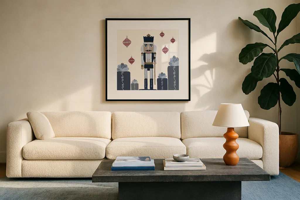 Vintage Nutcrackers II by Yvette St. Amant. Displayed in a glass frame with matte in a clean modern living room. Available as an archival giclee rolled canvas, fine art paper, or poster print. SKU 94712a.