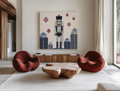 Vintage Nutcrackers II by Yvette St. Amant. Shown as extra-large giant wall art in a modern living room. Available as an archival giclee rolled canvas, fine art paper, or poster print. SKU 94712a.