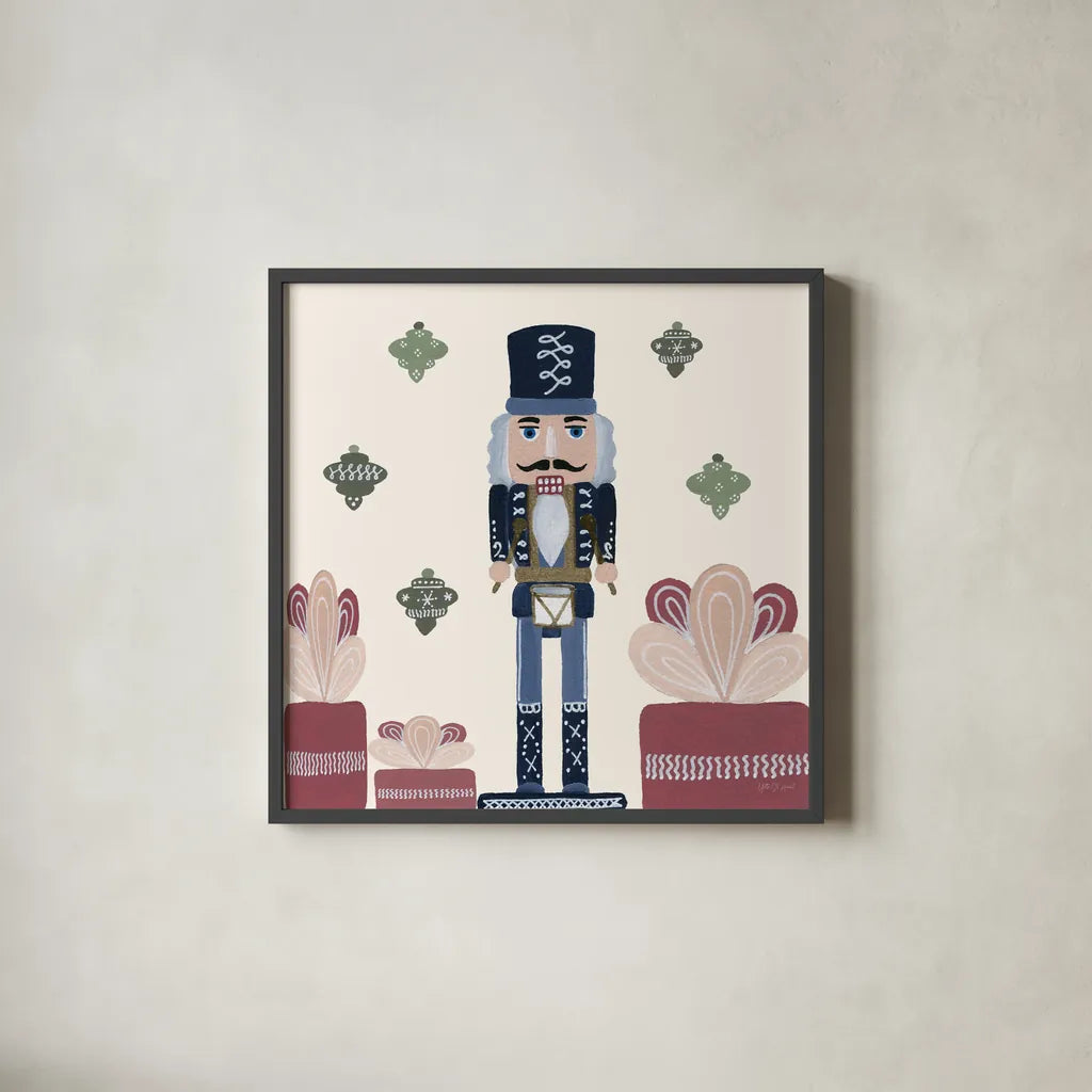 Vintage Nutcrackers III by Yvette St. Amant. Shown in a sleek black glass frame for a contemporary gallery look. Available as an archival giclee rolled canvas, fine art paper, or poster print. SKU 94713a.