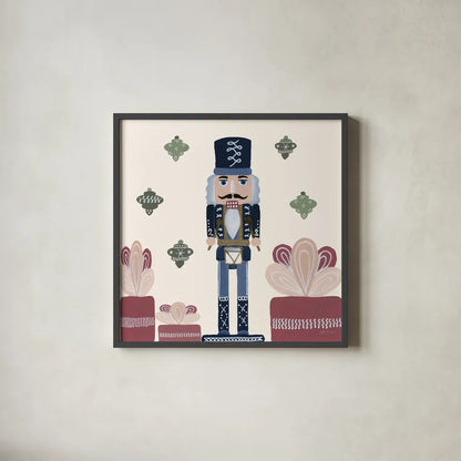Vintage Nutcrackers III by Yvette St. Amant. Shown in a sleek black glass frame for a contemporary gallery look. Available as an archival giclee rolled canvas, fine art paper, or poster print. SKU 94713a.