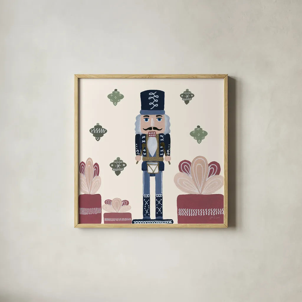 Vintage Nutcrackers III by Yvette St. Amant. Shown in a natural wood glass frame for a timeless modern aesthetic. Available as an archival giclee rolled canvas, fine art paper, or poster print. SKU 94713a.