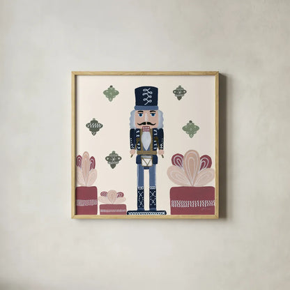 Vintage Nutcrackers III by Yvette St. Amant. Shown in a natural wood glass frame for a timeless modern aesthetic. Available as an archival giclee rolled canvas, fine art paper, or poster print. SKU 94713a.