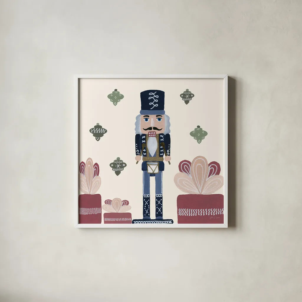 Vintage Nutcrackers III by Yvette St. Amant. Shown in a crisp white glass frame for a clean and minimalist style. Available as an archival giclee rolled canvas, fine art paper, or poster print. SKU 94713a.