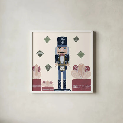 Vintage Nutcrackers III by Yvette St. Amant. Shown in a crisp white glass frame for a clean and minimalist style. Available as an archival giclee rolled canvas, fine art paper, or poster print. SKU 94713a.