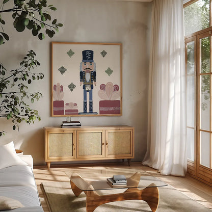 Vintage Nutcrackers III by Yvette St. Amant. Shown in a natural wood frame in a cozy modern living room. Available as an archival giclee rolled canvas, fine art paper, or poster print. SKU 94713a.