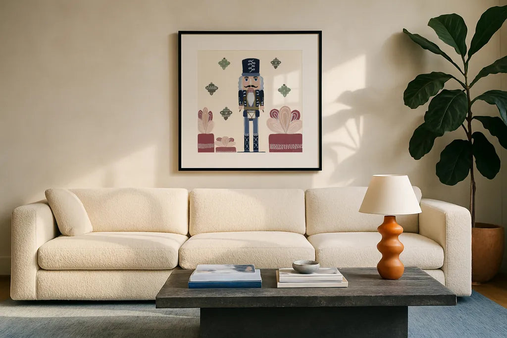 Vintage Nutcrackers III by Yvette St. Amant. Displayed in a glass frame with matte in a clean modern living room. Available as an archival giclee rolled canvas, fine art paper, or poster print. SKU 94713a.