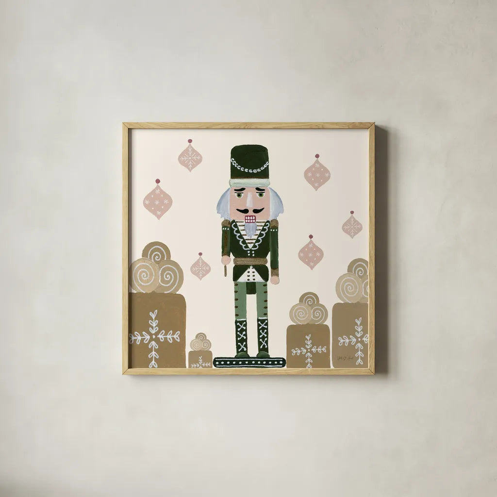 Vintage Nutcrackers IV by Yvette St. Amant. Shown in a natural wood glass frame for a timeless modern aesthetic. Available as an archival giclee rolled canvas, fine art paper, or poster print. SKU 94714a.