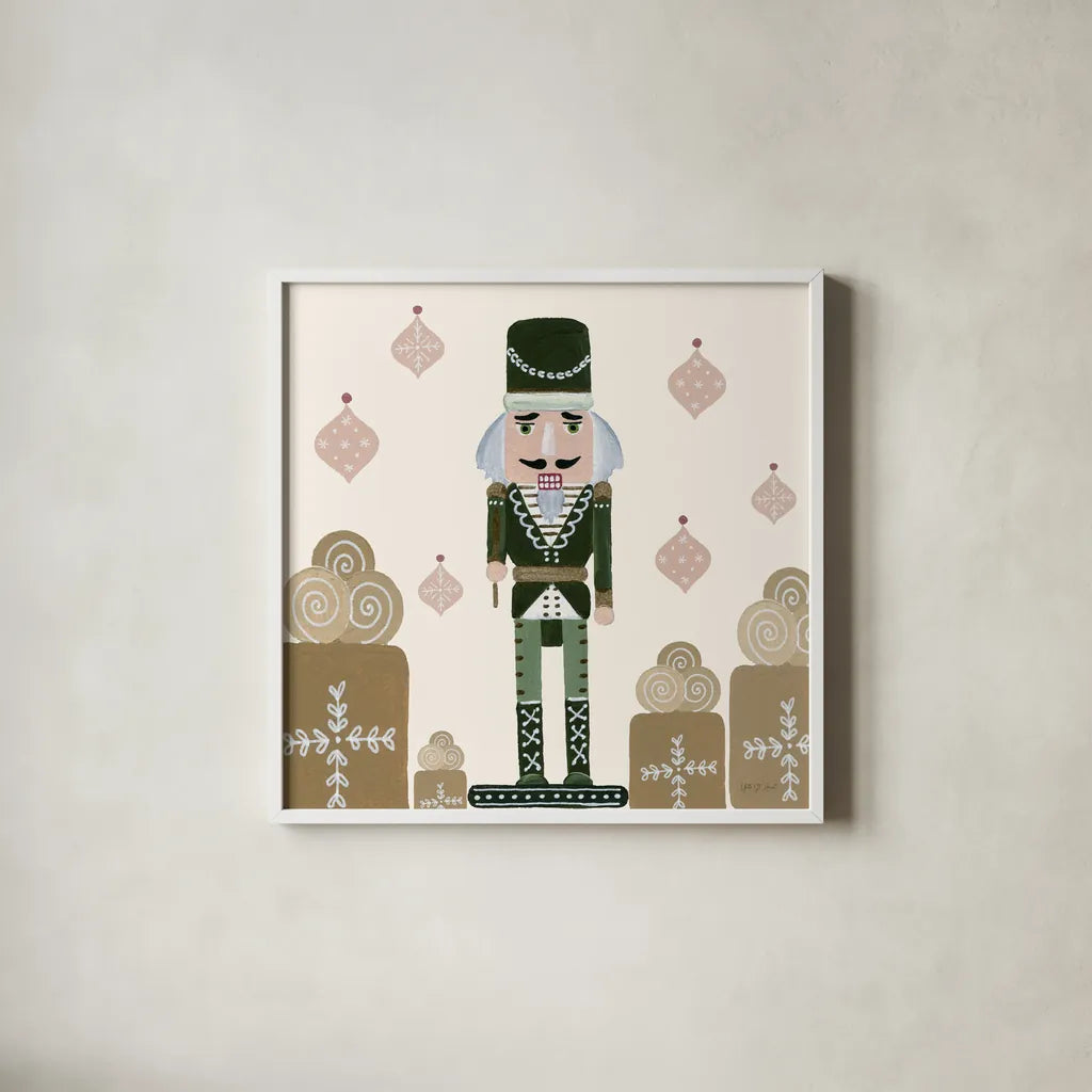 Vintage Nutcrackers IV by Yvette St. Amant. Shown in a crisp white glass frame for a clean and minimalist style. Available as an archival giclee rolled canvas, fine art paper, or poster print. SKU 94714a.