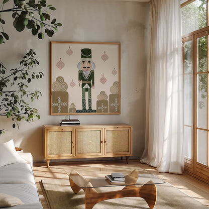 Vintage Nutcrackers IV by Yvette St. Amant. Shown in a natural wood frame in a cozy modern living room. Available as an archival giclee rolled canvas, fine art paper, or poster print. SKU 94714a.