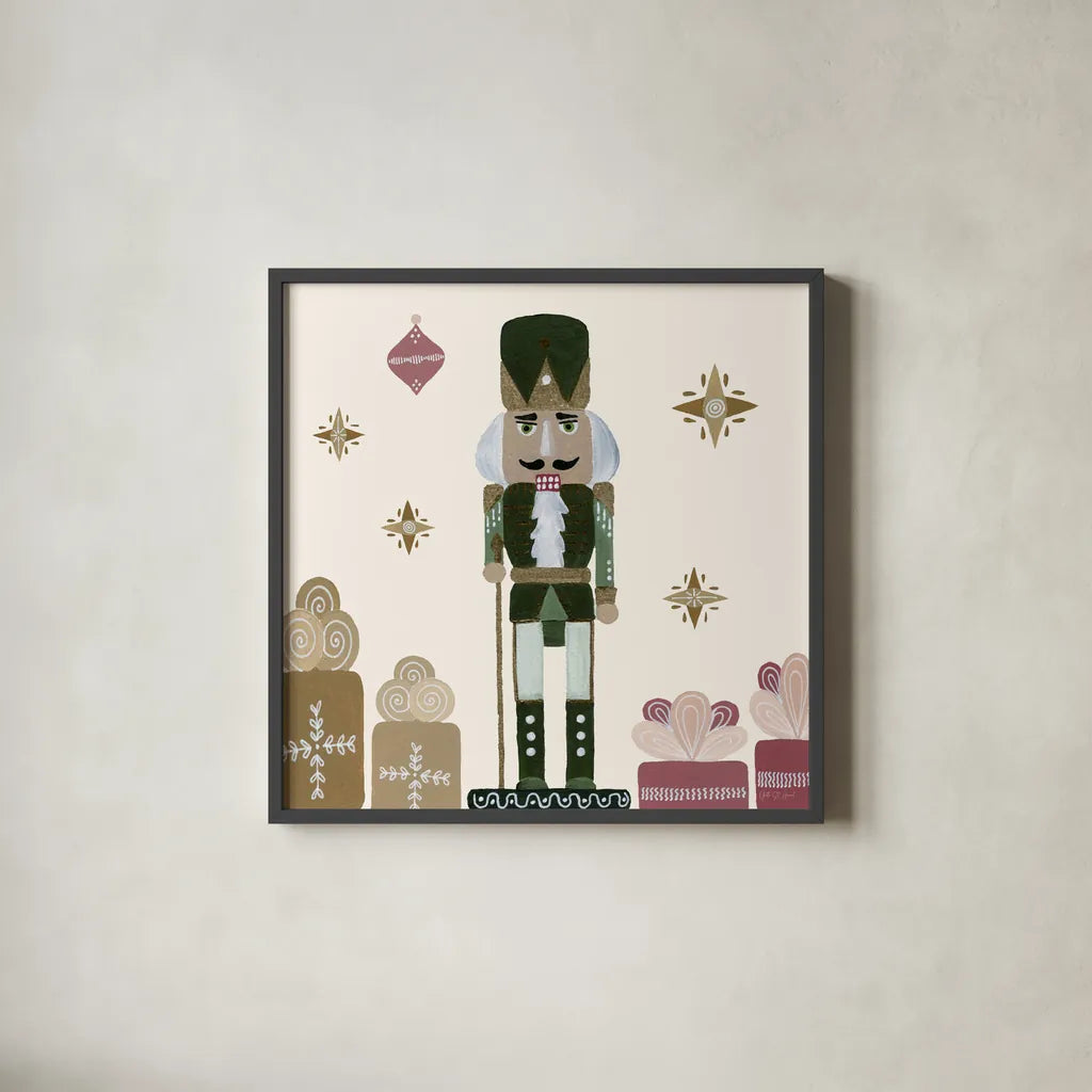 Vintage Nutcrackers V by Yvette St. Amant. Shown in a sleek black glass frame for a contemporary gallery look. Available as an archival giclee rolled canvas, fine art paper, or poster print. SKU 94715a.